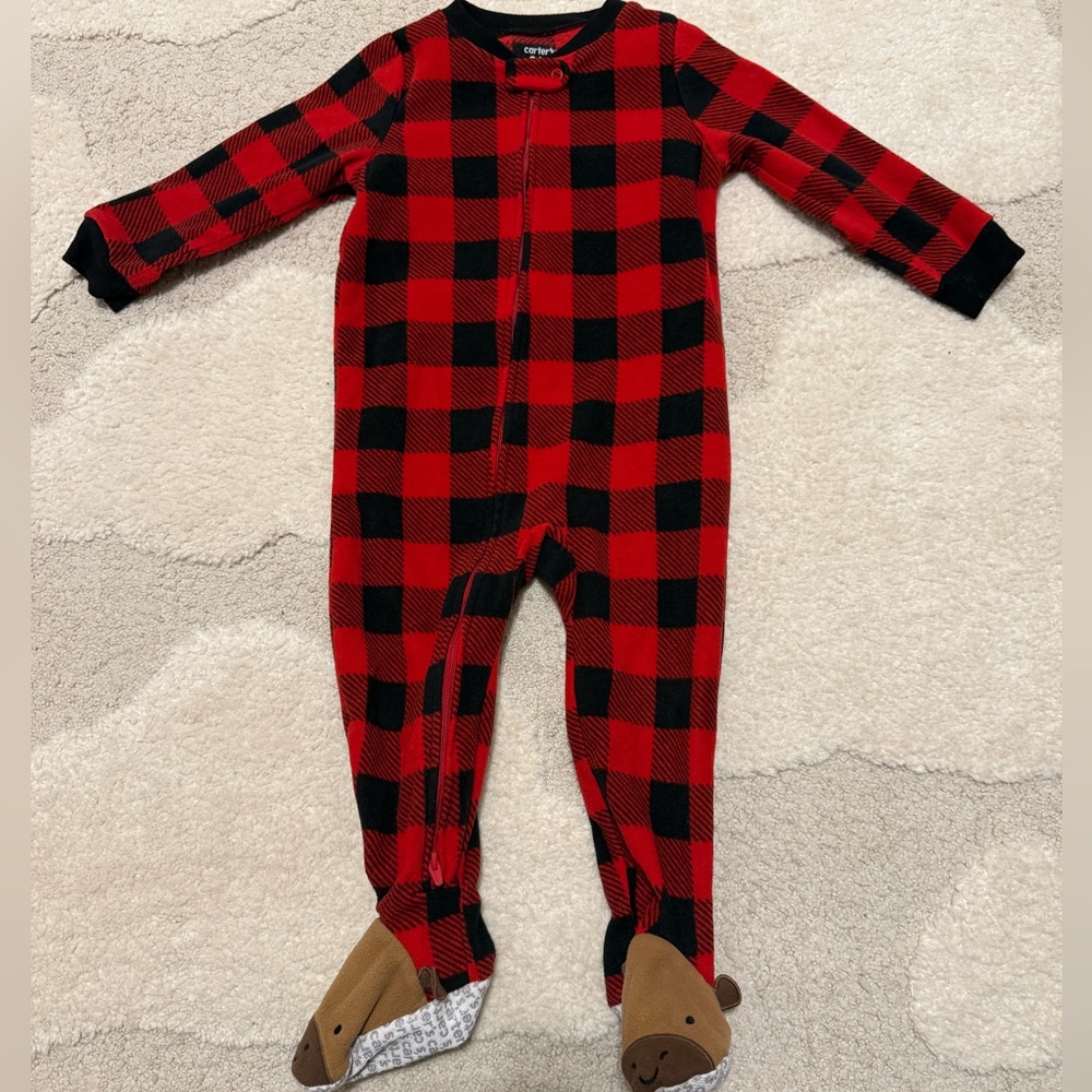 Red and Black Plaid Kids One Piece Fleece Pajama
